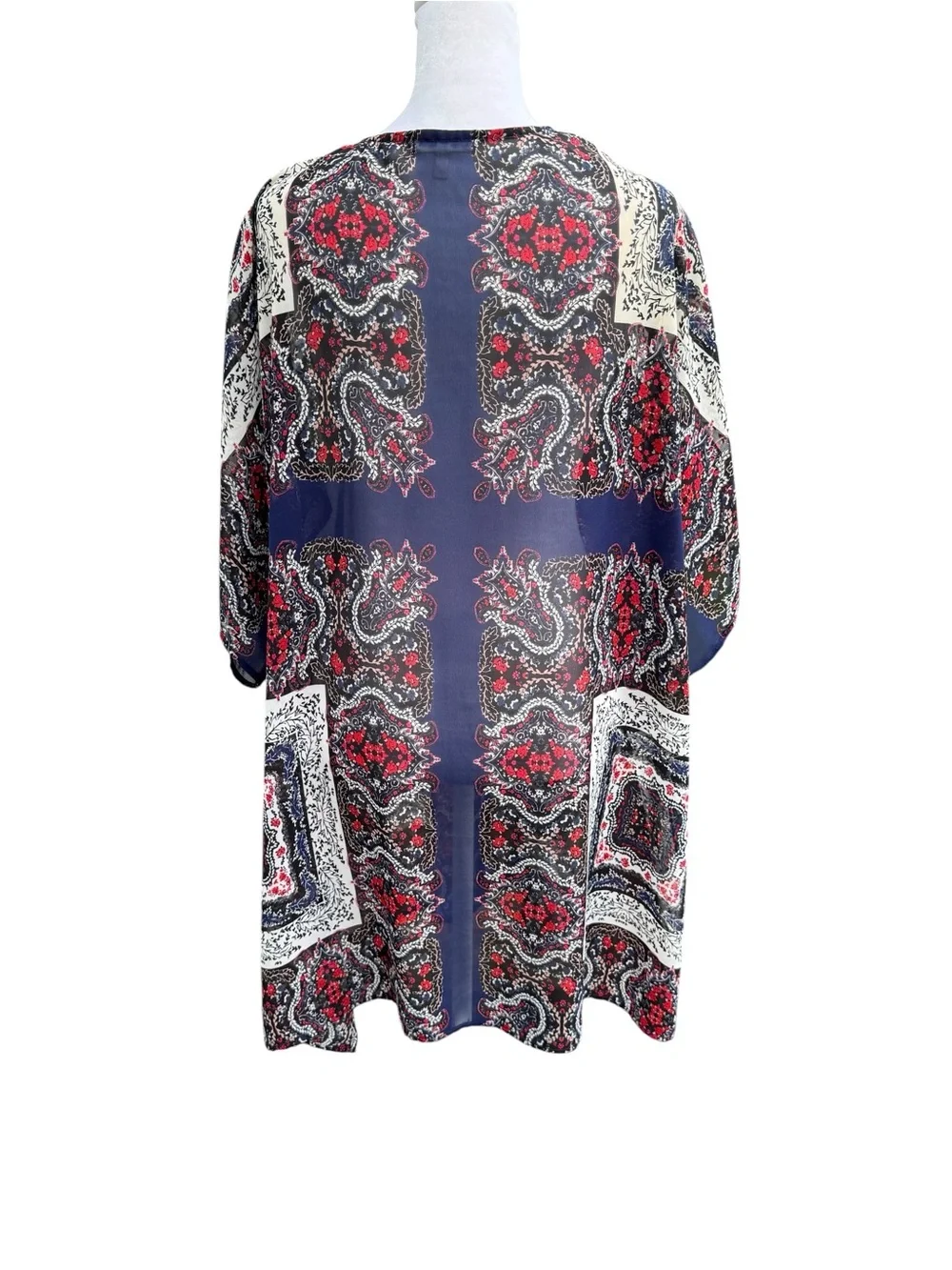 Maurice’s Boho Paisley Open Front Kimono Navy Red & Cream Layering Romantic L/XL